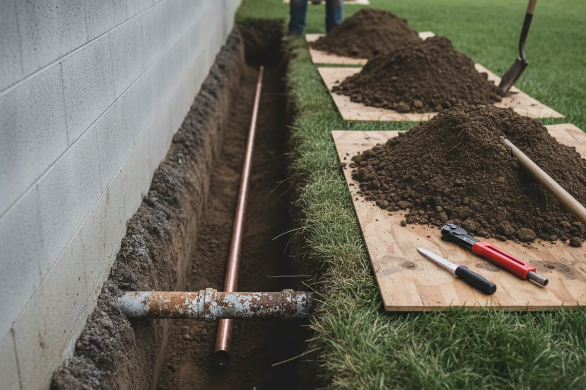 Excavated water line trench during Sewer Line Repair in Hanceville
